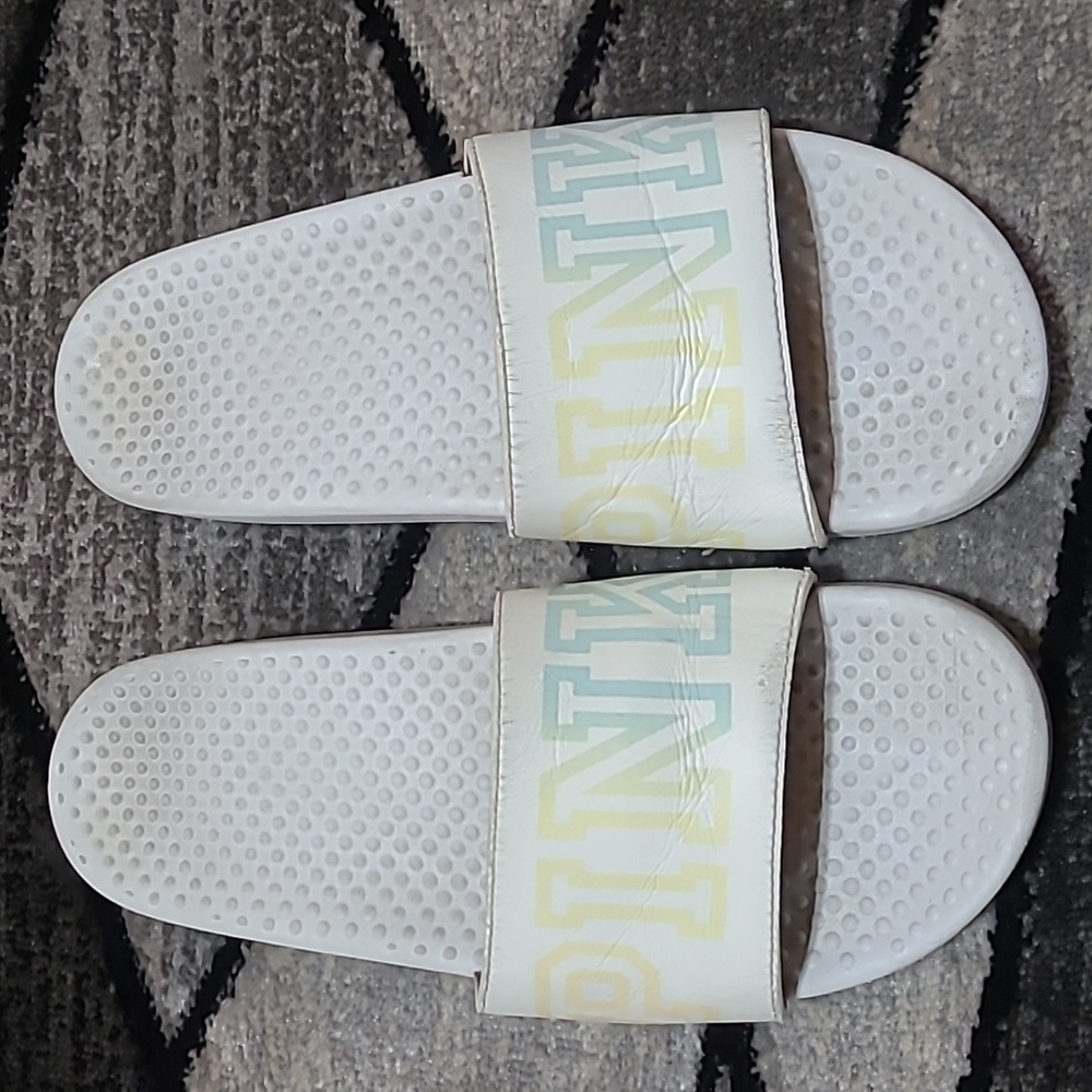 VS PINK WHITE OMBRE LOGO STRAP SLIDES SANDALS - Picture 9 of 9